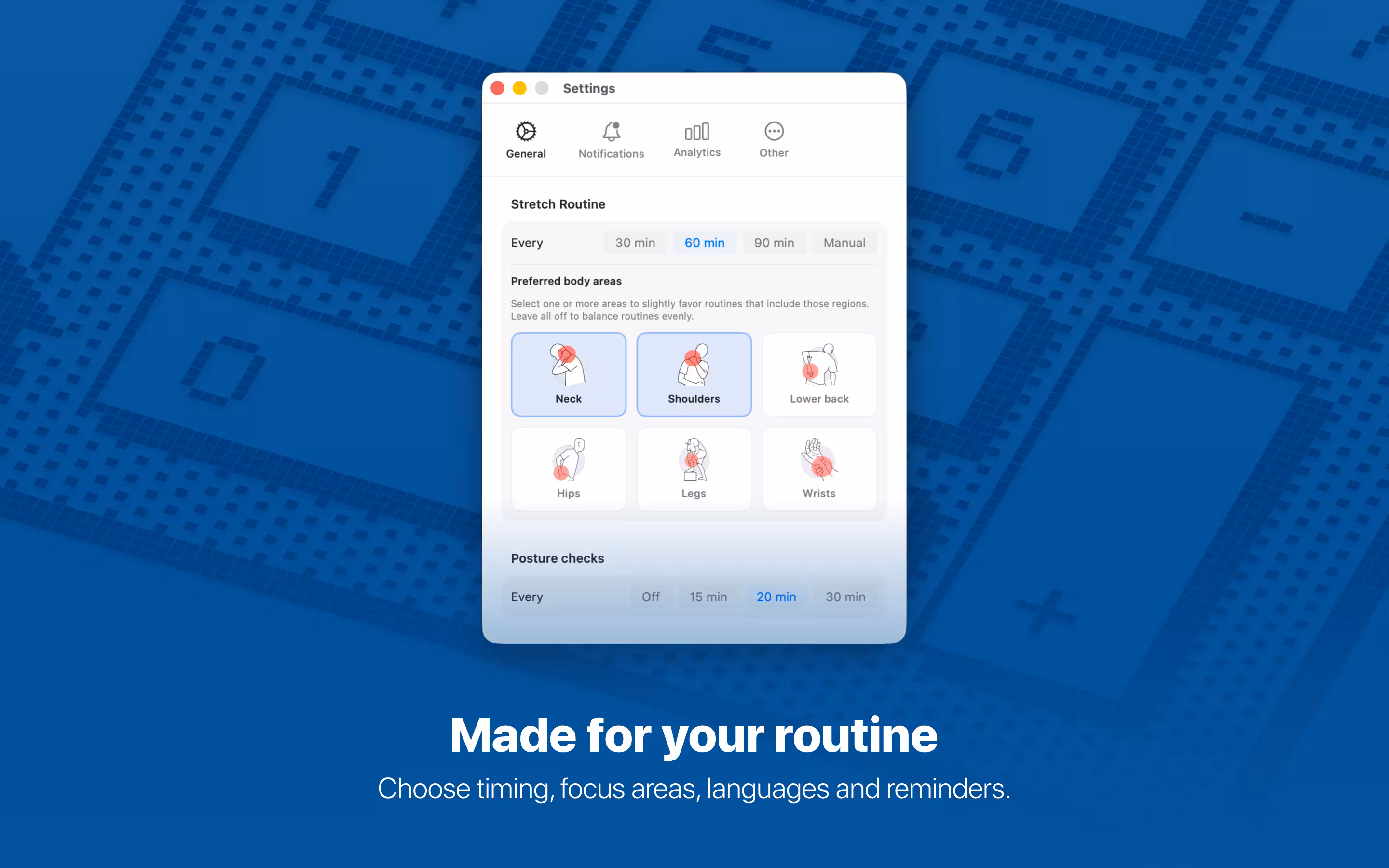 StretchMate-Einstellungen am Mac: Zeitplan, Fokus und Haltungschecks — Für deine Routine gebaut. Stretch-Intervall, Fokusbereich, Haltungsabstände, Alerts, Sound und Sprache.