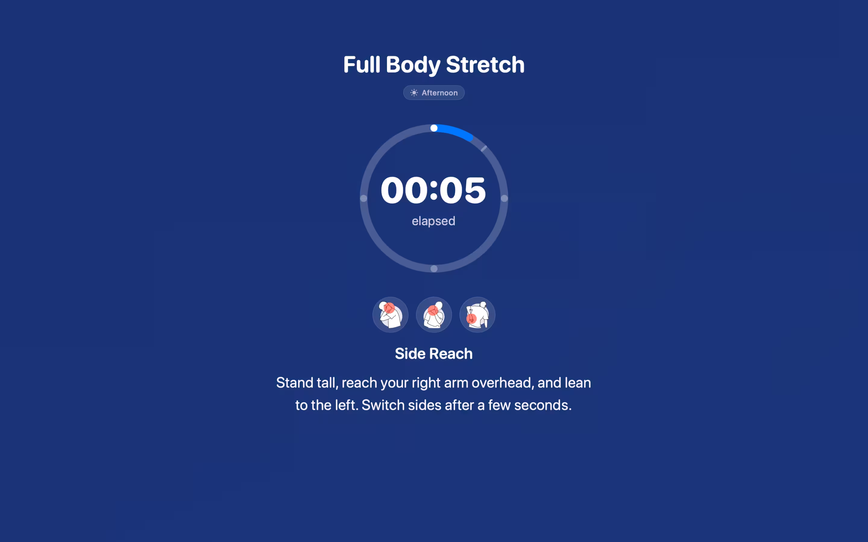 Geführte Stretch-Routine von StretchMate am Mac mit Timer und Anleitung — In etwa einer Minute dehnen. Clevere Routinen mit klaren Schritten und visueller Zeitführung.